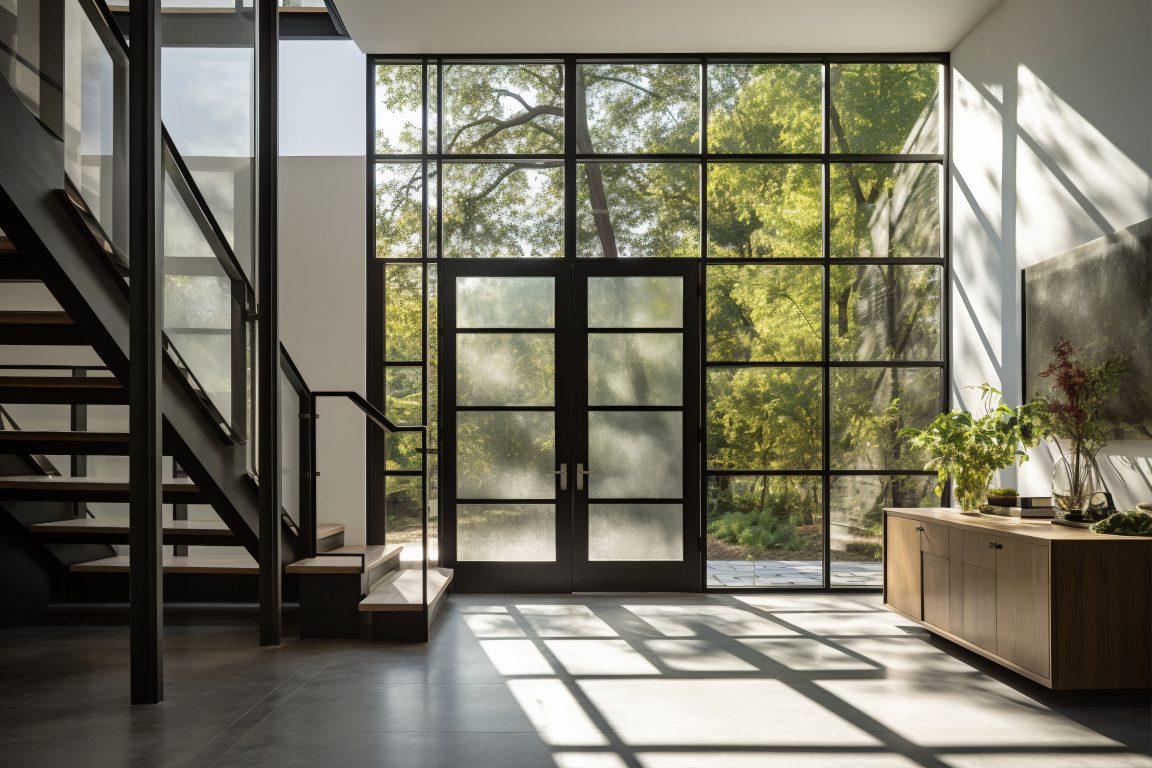 Modern aluminum and glass doors providing a sleek entrance to a home.